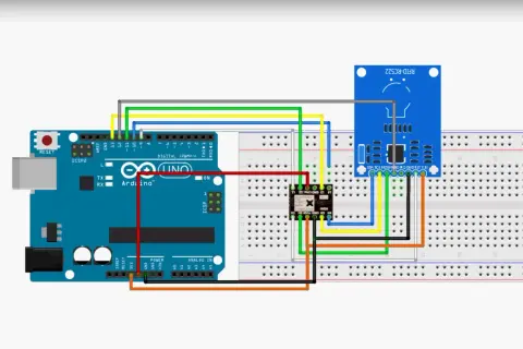 Połączenie Arduino z modułem RFID-RC522 przez konwerter poziomów logicznych.