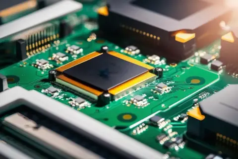 Zbliżenie na zieloną płytkę drukowaną z centralnym, czarnym procesorem otoczonym złotymi elementami. Widoczny montaż PCB z licznymi komponentami elektronicznymi.