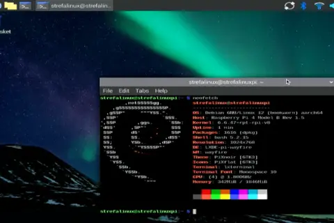 Na ekranie Raspberry Pi widać terminal z informacjami o systemie i uruchomionym programie neofetch. To idealne narzędzie do monitorowania postępów w raspberry pi programowanie.
