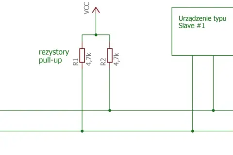 Schemat połączeń Arduino z dwoma urządzeniami slave przez magistralę I2C. Widoczne rezystory pull-up.