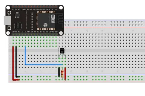 Schemat podłączenia czujnika temperatury DS18B20 do ESP32 na płytce stykowej.