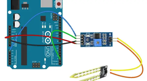 Połączenie Arduino Uno z modułem czujnika wilgotności gleby. Czujniki Arduino mierzą wilgotność.