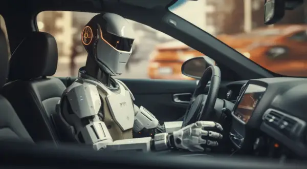 Robot siedzi za kierownicą, jego dłonie spoczywają na kierownicy. W tle widać pomarańczowy samochód. To przyszłość transportu, gdzie magistrala lin. jest sterowana przez sztuczną inteligencję.