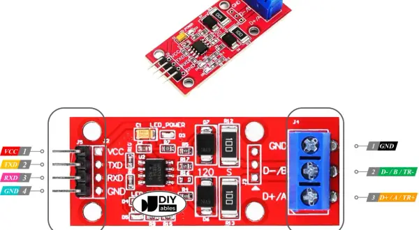 Moduł TTL na RS485 do Arduino. Pozwala na komunikację między urządzeniami z interfejsem TTL a siecią RS485.