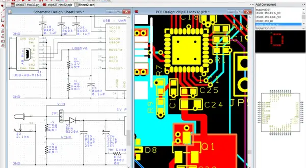 Projektowanie płytki drukowanej w **DesignSpark PCB**. Schemat i widok 3D płytki.
