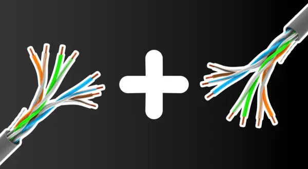 Dwa rozplecione kable sieciowe, symbolizujące połączenie ethernet, połączone białym znakiem plus.