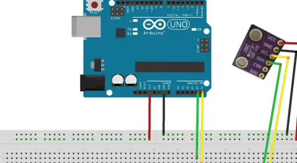 Arduino Uno z modułem BME280, połączony przewodami do płytki stykowej.
