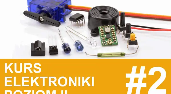Różne rodzaje przycisków i elementów elektronicznych, takich jak serwomechanizm, diody, buzzery i czujniki, gotowe do użycia w kursie elektroniki.