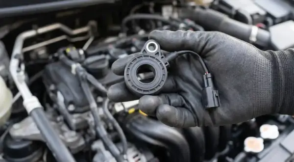 Ręka w czarnej rękawiczce trzyma nowy knock sensor, gotowy do montażu w silniku samochodu.