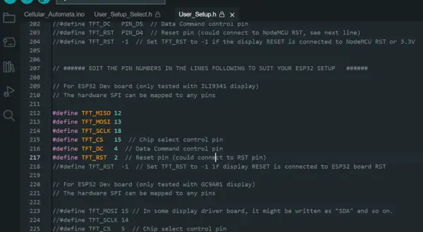 Kod dla ESP32 z użyciem SPI, konfiguracja pinów dla wyświetlacza TFT.