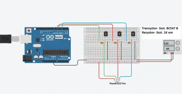 Schemat sterownika LED RGB z Arduino Nano, tranzystorami BC547B i rezystorami 1K om. Zasilanie 12V, 4A.