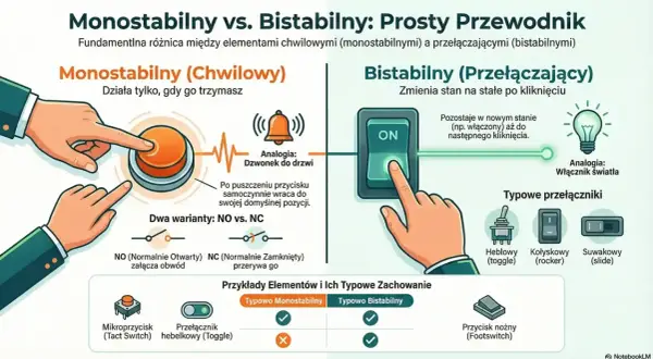 Schemat porównujący przycisk bistabilny i monostabilny. Ilustracje pokazują działanie obu typów przełączników, ich analogie (dzwonek do drzwi, włącznik światła) oraz przykłady (mikroprzycisk, przełącznik hebelkowy, kołyskowy, suwakowy, nożny).