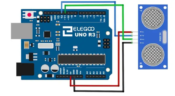 Połączenie modułu HC-SR04 z Arduino Uno R3. Czujnik ultradźwiękowy HC-SR04 mierzy odległość.