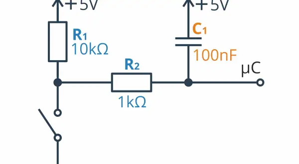Schemat filtru RC: rezystor R1 (10kΩ), rezystor R2 (1kΩ), kondensator C1 (100nF) i przełącznik podłączone do +5V i masy.
