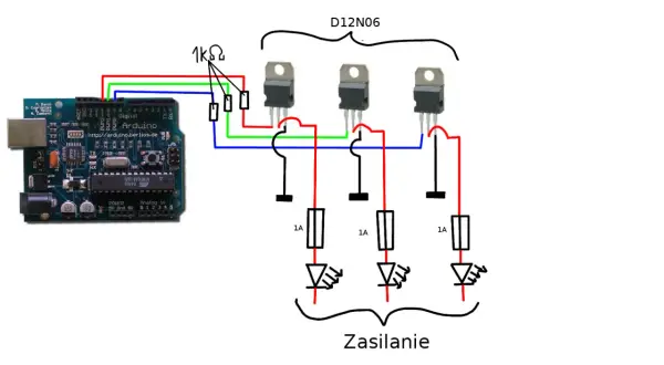 Schemat połączenia Arduino z tranzystorami D12N06 i diodami LED, wykorzystujący **arduino pwm** do sterowania jasnością.