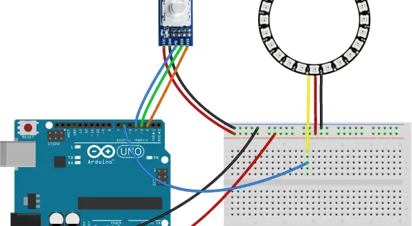Schemat połączenia Arduino z enkoderem obrotowym i pierścieniem LED. Enkoder steruje pierścieniem.