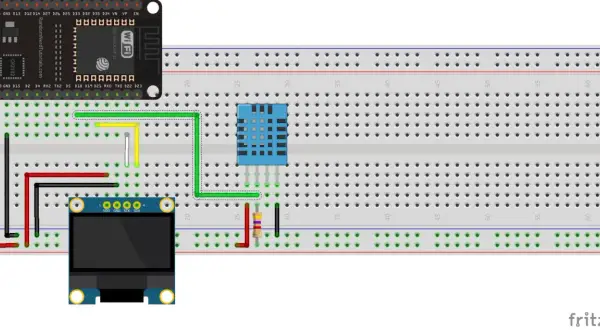 Układ do mierzenia temperatury i wilgotności z modułem ESP32 i sensorem DHT22.