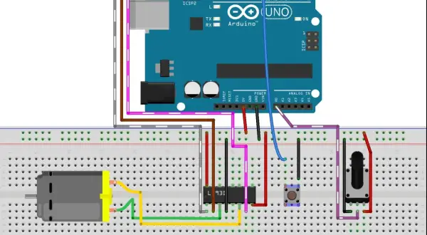 Schemat połączeń z Arduino Uno, mostkiem H L293D, silnikiem DC, przyciskiem i potencjometrem.