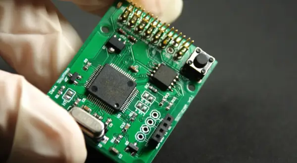 Zielona płytka drukowana z elementami elektronicznymi, trzymana w białej rękawiczce. To jest laminat, podstawa elektroniki.