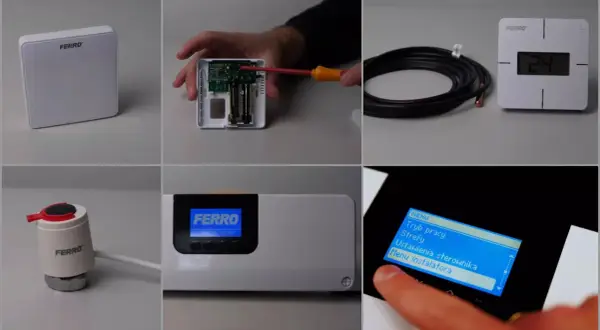 Biały sensor temperatury Ferro, jego wnętrze z bateriami, kabel, termostat i panel sterowania. To wszystko elementy systemu, który mierzy temperaturę.