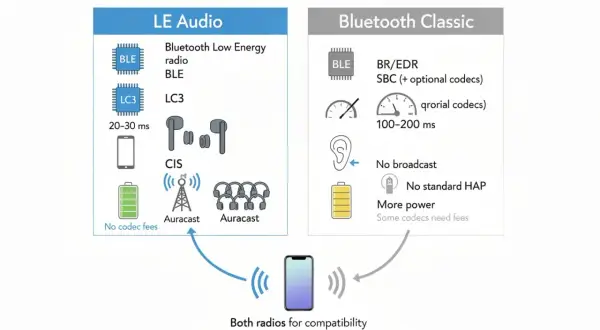 Porównanie LE Audio i Bluetooth Classic. LE Audio oferuje niski pobór mocy, niski czas opóźnienia (20-30 ms) i Auracast. To pokazuje, co to jest Bluetooth w nowoczesnej odsłonie.