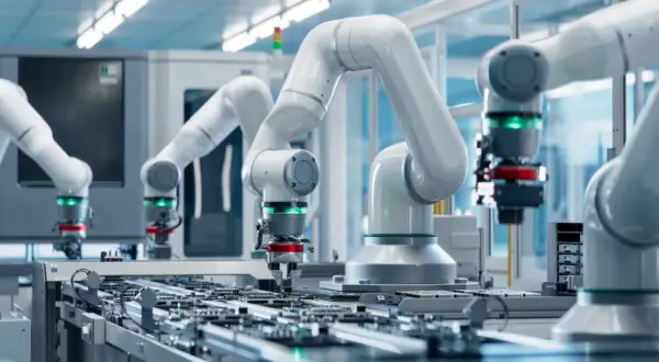 Roboty przemysłowe pracują nad płytkami drukowanymi. W tle widać zaawansowane **przetworniki pomiarowe**, kluczowe dla precyzyjnej produkcji.