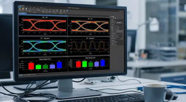 Analiza sygnału na monitorze, z wykresem SPI - HF i I2C - Standard, pokazująca parametry interfejsu.