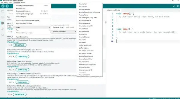 Wybór płytki Arduino Uno w Arduino IDE 2.0.4.