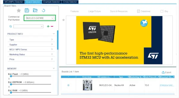 Wybór płytki NUCLEO-G474RE w STM32CubeIDE. Wyświetla listę dostępnych płytek.
