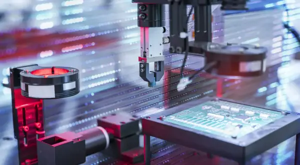 Automatyczny montaż elektroniki. Robot precyzyjnie umieszcza komponenty na płytce drukowanej. To pokazuje, jak działa kontaktron.