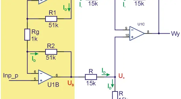 Schemat wzmacniacza różnicowego z elementami R, Rg, R1, R2 i dwoma wzmacniaczami operacyjnymi. ltspice poradnik.