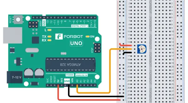 Arduino Uno z podłączonym potencjometrem cyfrowym do płytki stykowej.