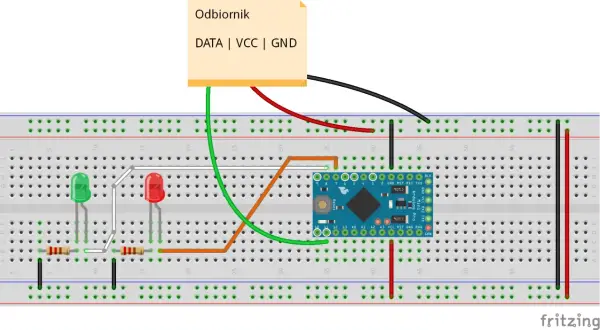 Układ z Arduino Mini i odbiornikiem 433MHz na płytce stykowej, z diodami LED i rezystorami.