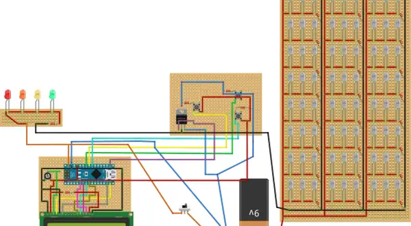 Schemat układu z Arduino Nano, wyświetlaczem LCD, przyciskami, diodami LED i tranzystorem IRFZ44N.