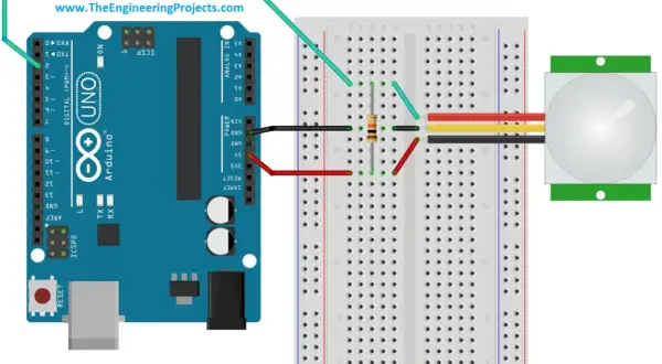 Połączenie Arduino z modułem PIR. Czujnik ruchu PIR podłączony do Arduino Uno przez płytkę stykową.