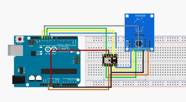 Połączenie Arduino z modułem RFID-RC522 przez konwerter poziomów logicznych.