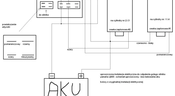 Schemat uproszczonego czujnik halla podłączenie dla Yamaha XJ600. Pokazuje moduł zapłonowy, cewki zapłonowe i akumulator.