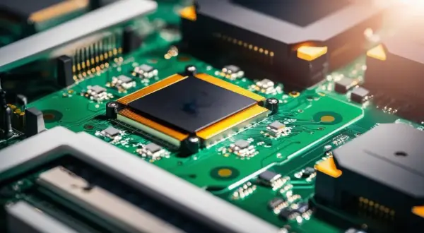 Zbliżenie na zieloną płytkę drukowaną z centralnym, czarnym procesorem otoczonym złotymi elementami. Widoczny montaż PCB z licznymi komponentami elektronicznymi.