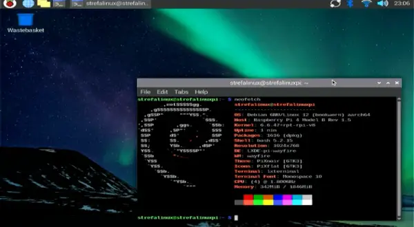 Na ekranie Raspberry Pi widać terminal z informacjami o systemie i uruchomionym programie neofetch. To idealne narzędzie do monitorowania postępów w raspberry pi programowanie.
