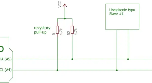 Schemat połączeń Arduino z dwoma urządzeniami slave przez magistralę I2C. Widoczne rezystory pull-up.