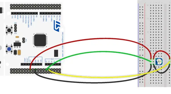 STM32 Nucleo z podłączonymi potencjometrami do breadboardu. DMA może być użyte do efektywnego przesyłania danych z potencjometrów.