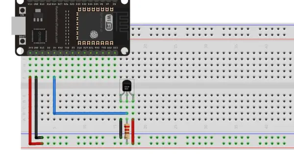 Schemat podłączenia czujnika temperatury DS18B20 do ESP32 na płytce stykowej.