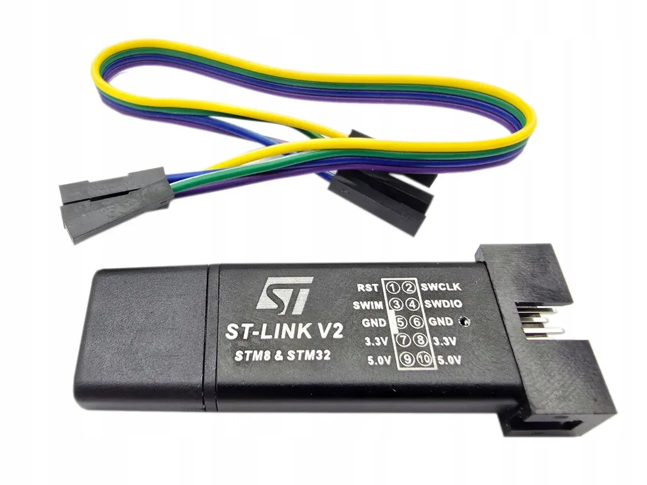 Programator ST-LINK V2 do mikrokontrolerów STM8 i STM32, z kolorowym kablem połączeniowym.