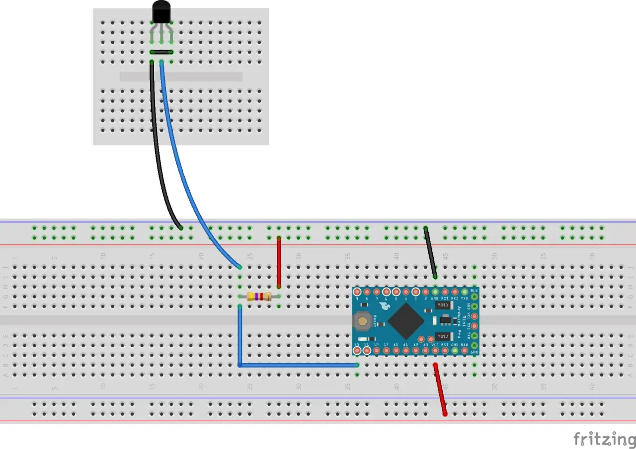 Układ Arduino z czujnikiem temperatury DS18B20 na płytce stykowej.