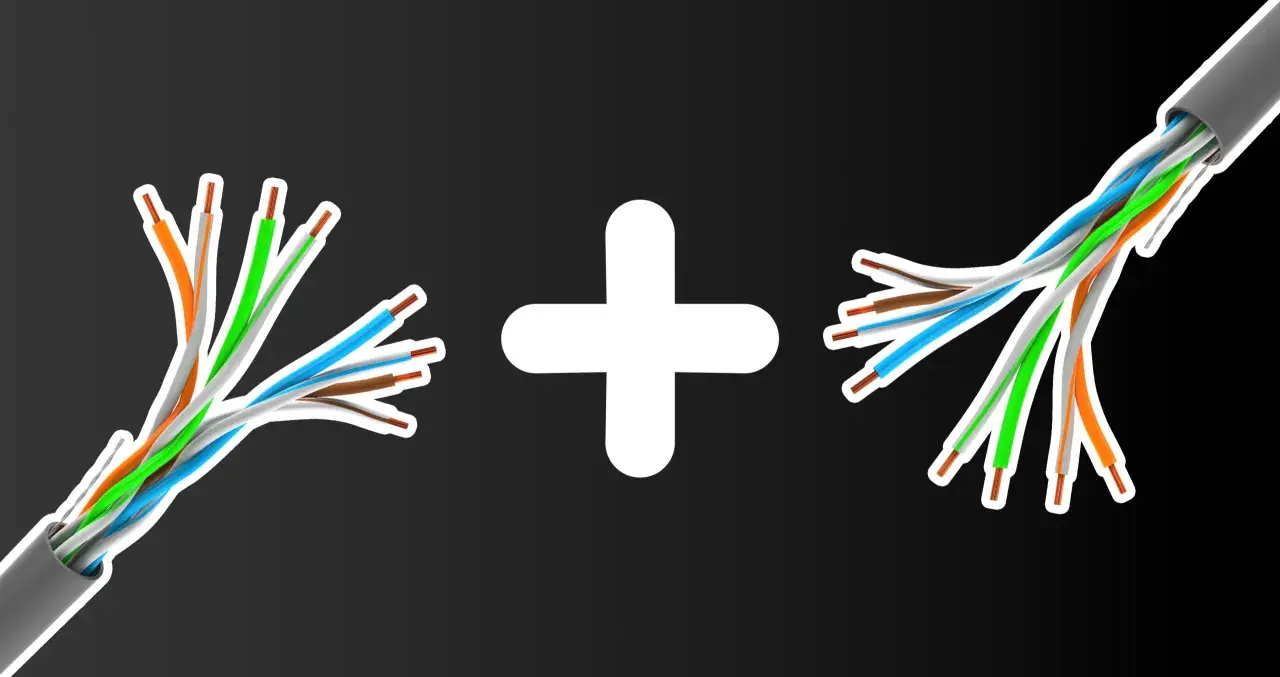 Dwa rozplecione kable sieciowe, symbolizujące połączenie ethernet, połączone białym znakiem plus.