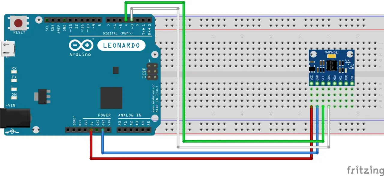 Połączenie akcelerometru Arduino MPU-6050 z płytką styków.