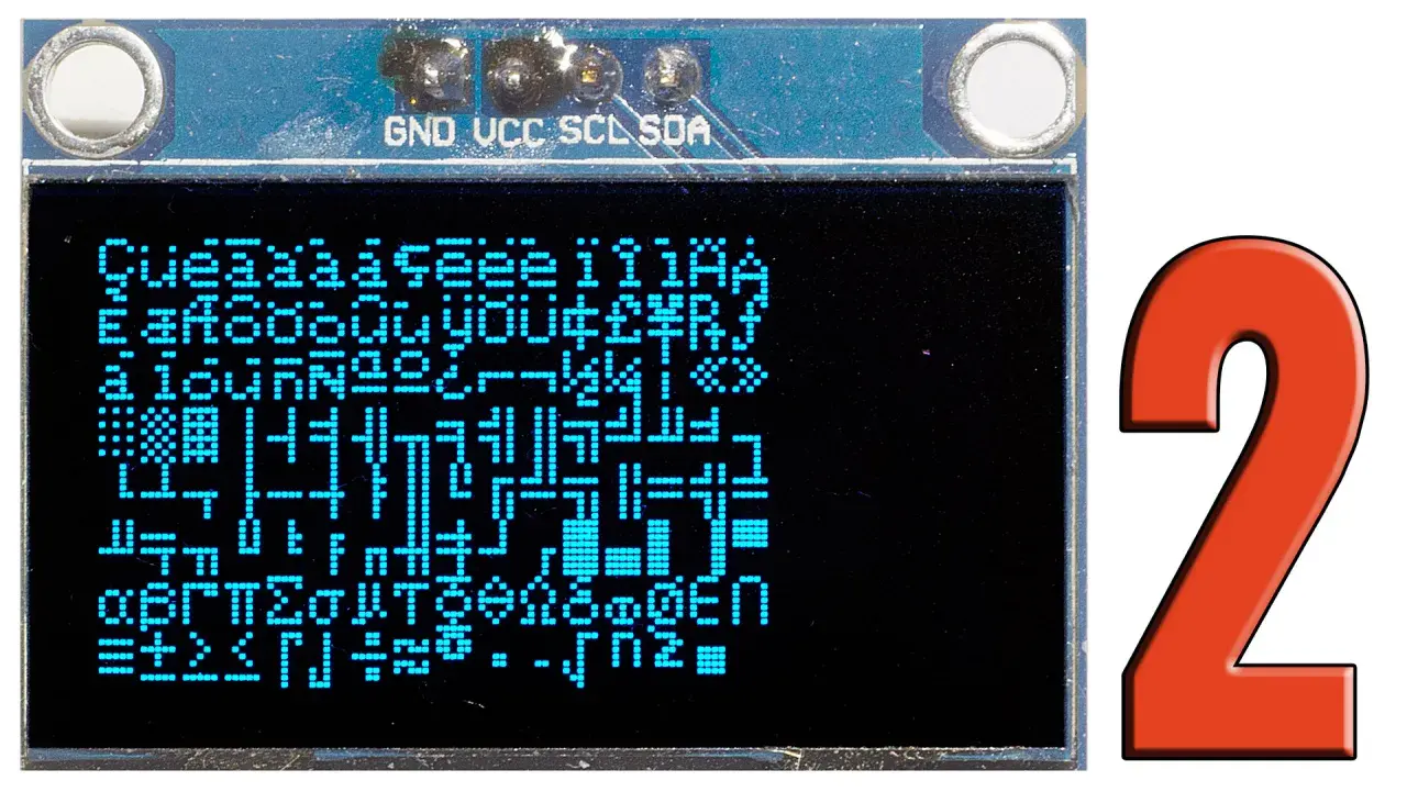 Niebieski wyświetlacz OLED z losowym ciągiem znaków, podłączony do Arduino. Obok duża, czerwona cyfra 2.
