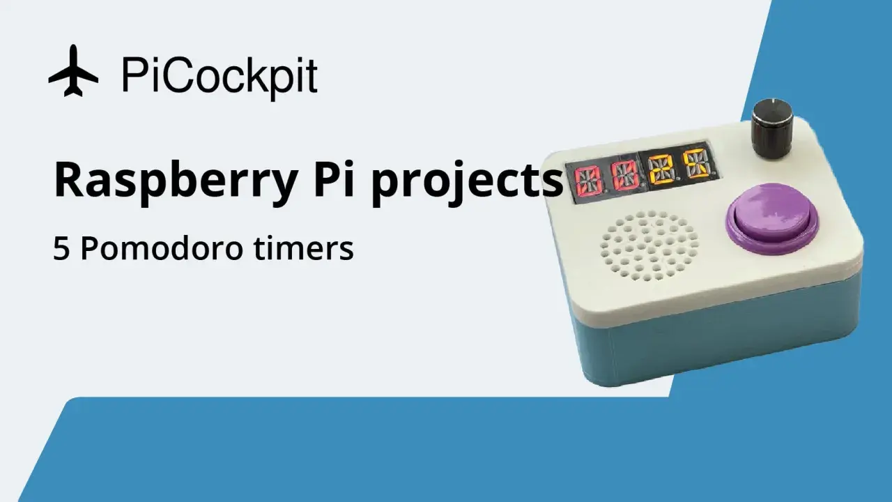 PiCockpit: Raspberry Pi projects - 5 Pomodoro timers. Urządzenie z wyświetlaczem cyfrowym, przyciskiem i pokrętłem, idealne do projektów z Raspberry Pi Pico.