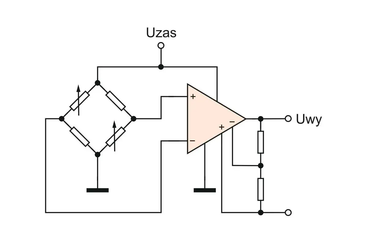 Schemat układu z mostkiem Wheatstone'a i wzmacniaczem operacyjnym.