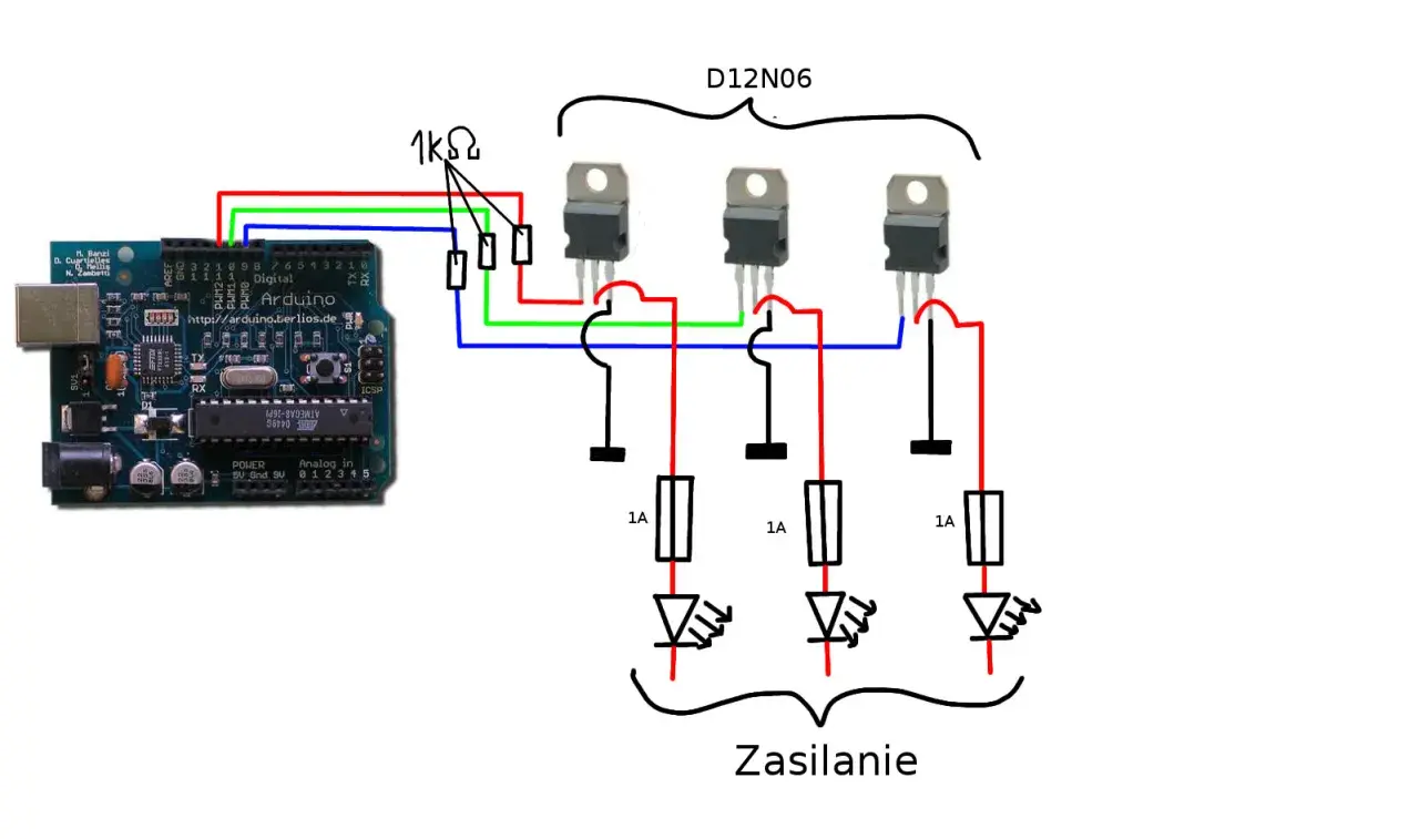 Schemat połączenia Arduino z tranzystorami D12N06 i diodami LED, wykorzystujący **arduino pwm** do sterowania jasnością.